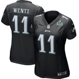 Carson Wentz #11 Philadelphia Eagles Women's Black Super Bowl LII Bound Patch Game Event Jersey